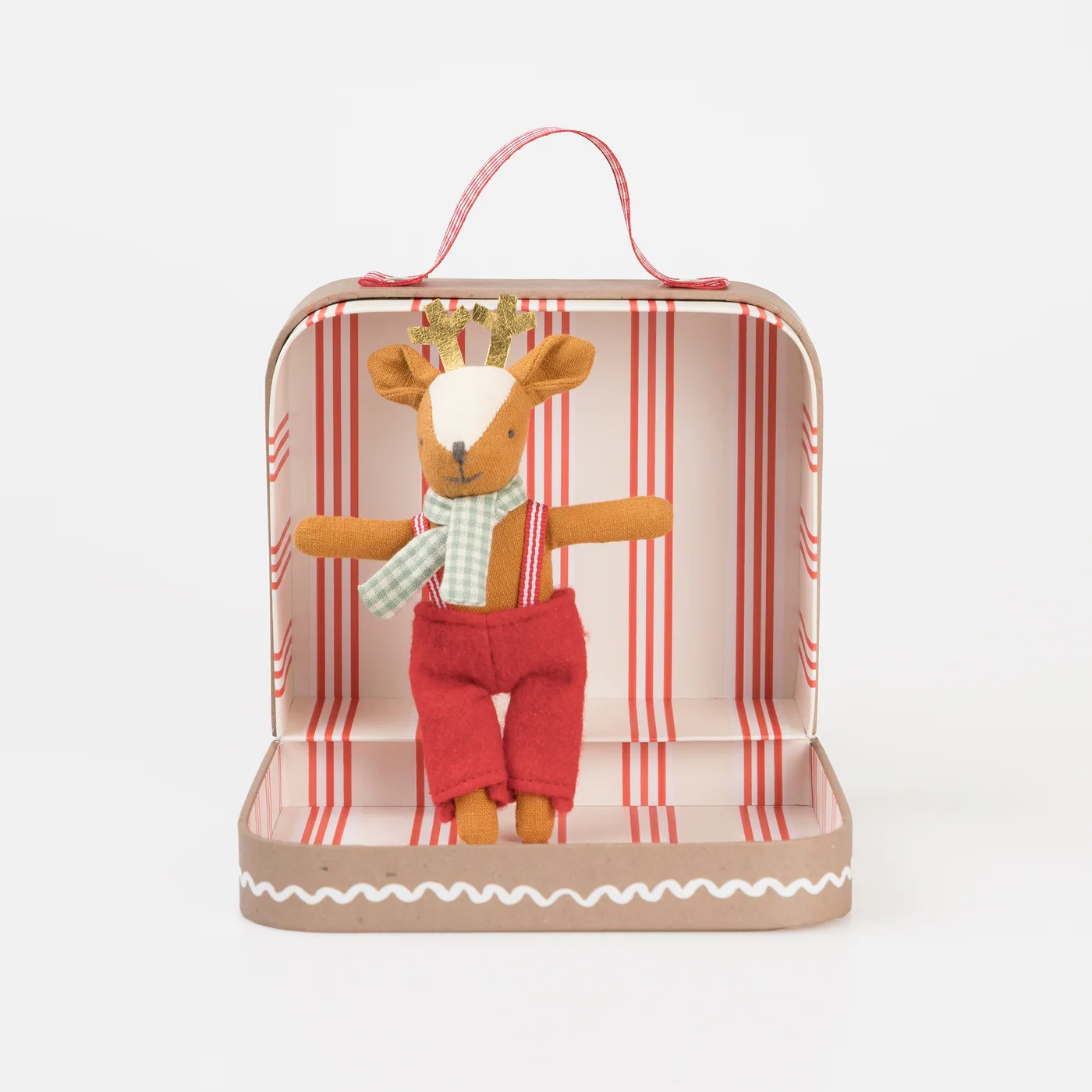 Pequeño reno navideño en caja jengibre